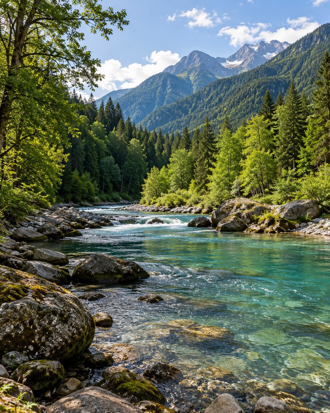 Klarer Fluss in einem grünen Tal